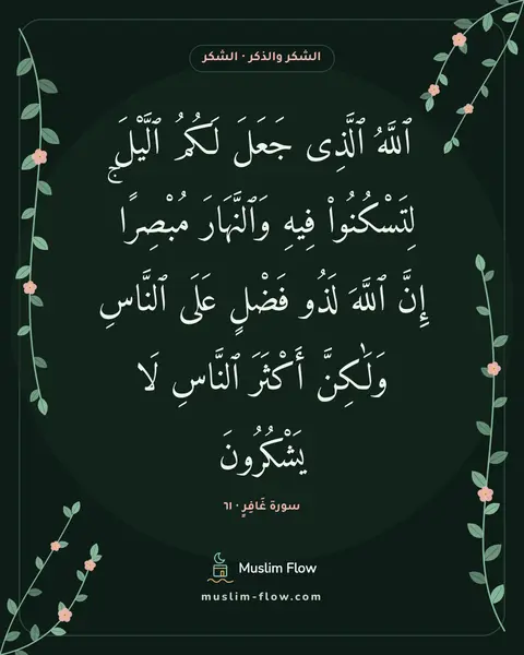 سورة غَافِرٍ · ٦١: ٱللَّهُ ٱلَّذِى جَعَلَ لَكُمُ ٱلَّيْلَ لِتَسْكُنُوا۟ فِيهِ وَٱلنَّهَارَ مُبْصِرًا ۚ إِنَّ…