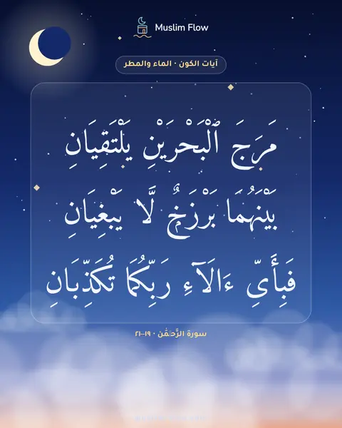سورة الرَّحۡمَٰن · ١٩–٢١: مَرَجَ ٱلْبَحْرَيْنِ يَلْتَقِيَانِ بَيْنَهُمَا بَرْزَخٌۭ لَّا يَبْغِيَانِ فَبِأَىِّ…