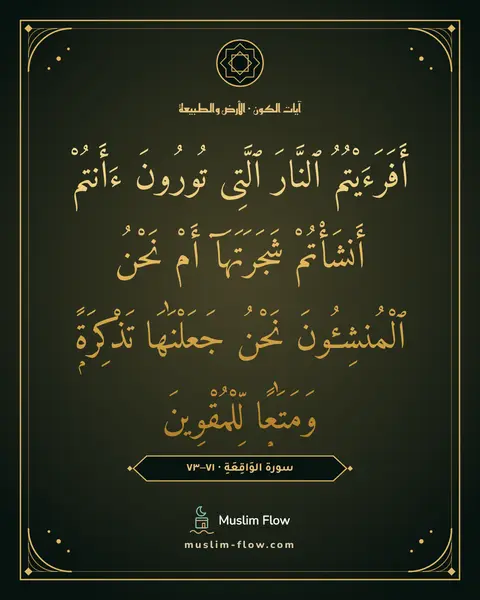 سورة الوَاقِعَةِ · ٧١–٧٣: أَفَرَءَيْتُمُ ٱلنَّارَ ٱلَّتِى تُورُونَ ءَأَنتُمْ أَنشَأْتُمْ شَجَرَتَهَآ أَمْ نَحْنُ…
