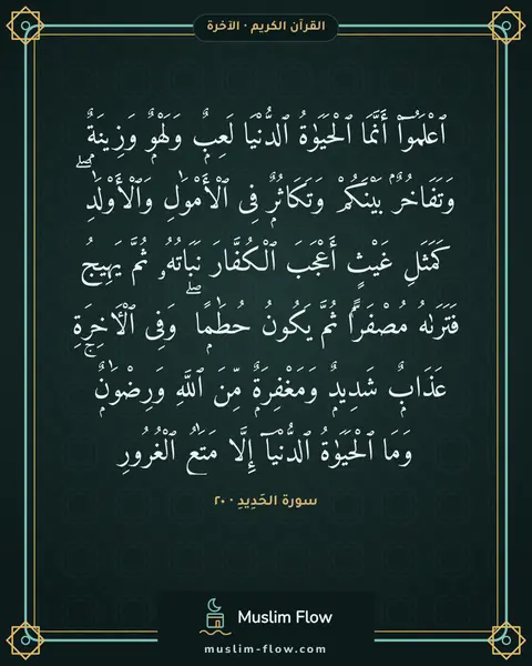 سورة الحَدِيدِ · ٢٠: ٱعْلَمُوٓا۟ أَنَّمَا ٱلْحَيَوٰةُ ٱلدُّنْيَا لَعِبٌۭ وَلَهْوٌۭ وَزِينَةٌۭ وَتَفَاخُرٌۢ…
