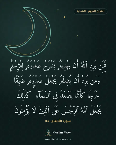 سورة الأَنۡعَامِ · ١٢٥: فَمَن يُرِدِ ٱللَّهُ أَن يَهْدِيَهُۥ يَشْرَحْ صَدْرَهُۥ لِلْإِسْلَٰمِ ۖ وَمَن يُرِدْ أَن…