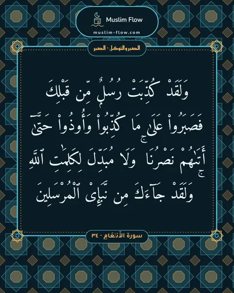 سورة الأَنۡعَامِ · ٣٤: وَلَقَدْ كُذِّبَتْ رُسُلٌۭ مِّن قَبْلِكَ فَصَبَرُوا۟ عَلَىٰ مَا كُذِّبُوا۟ وَأُوذُوا۟…