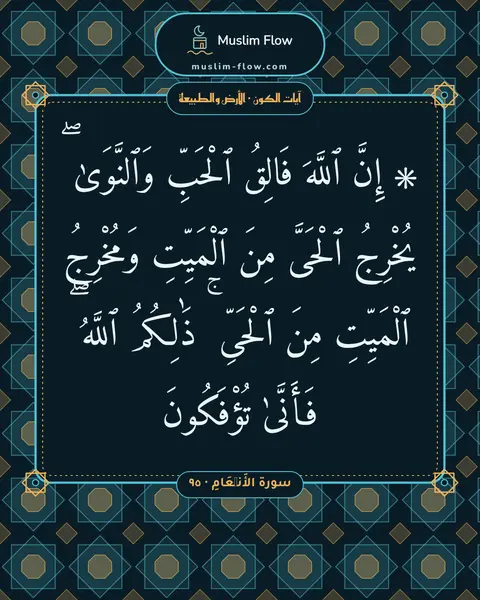 سورة الأَنۡعَامِ · ٩٥: ۞ إِنَّ ٱللَّهَ فَالِقُ ٱلْحَبِّ وَٱلنَّوَىٰ ۖ يُخْرِجُ ٱلْحَىَّ مِنَ ٱلْمَيِّتِ…