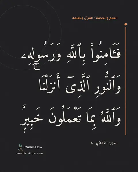 سورة التَّغَابُنِ · ٨: فَـَٔامِنُوا۟ بِٱللَّهِ وَرَسُولِهِۦ وَٱلنُّورِ ٱلَّذِىٓ أَنزَلْنَا ۚ وَٱللَّهُ بِمَا…