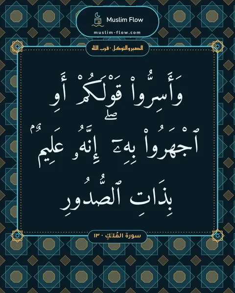 سورة المُلۡكِ · ١٣: وَأَسِرُّوا۟ قَوْلَكُمْ أَوِ ٱجْهَرُوا۟ بِهِۦٓ ۖ إِنَّهُۥ عَلِيمٌۢ بِذَاتِ ٱلصُّدُورِ