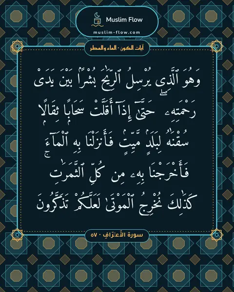 سورة الأَعۡرَافِ · ٥٧: وَهُوَ ٱلَّذِى يُرْسِلُ ٱلرِّيَٰحَ بُشْرًۢا بَيْنَ يَدَىْ رَحْمَتِهِۦ ۖ حَتَّىٰٓ إِذَآ…