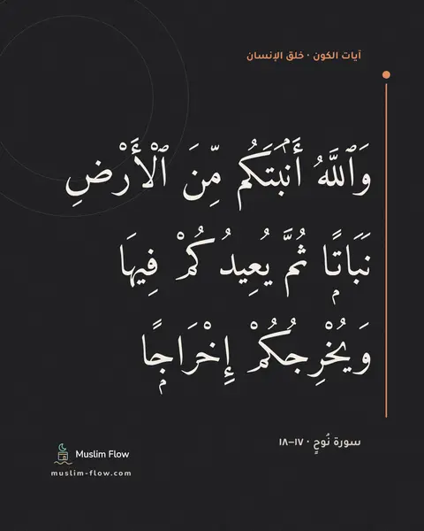 سورة نُوحٍ · ١٧–١٨: وَٱللَّهُ أَنۢبَتَكُم مِّنَ ٱلْأَرْضِ نَبَاتًۭا ثُمَّ يُعِيدُكُمْ فِيهَا وَيُخْرِجُكُمْ…