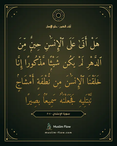 سورة الإِنسَانِ · ١–٢: هَلْ أَتَىٰ عَلَى ٱلْإِنسَٰنِ حِينٌۭ مِّنَ ٱلدَّهْرِ لَمْ يَكُن شَيْـًۭٔا مَّذْكُورًا…