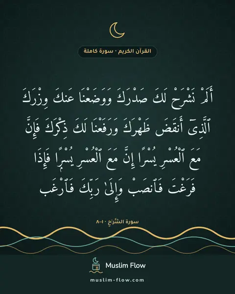سورة الشَّرۡحِ · ١–٨: أَلَمْ نَشْرَحْ لَكَ صَدْرَكَ وَوَضَعْنَا عَنكَ وِزْرَكَ ٱلَّذِىٓ أَنقَضَ ظَهْرَكَ…