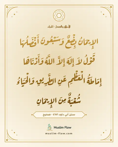 سنن أبي داود ٤٦٧٦ · صحيح: الإِيمَانُ بِضْعٌ وَسَبْعُونَ أَفْضَلُهَا قَوْلُ لاَ إِلَهَ إِلاَّ اللَّهُ وَأَدْنَاهَا…