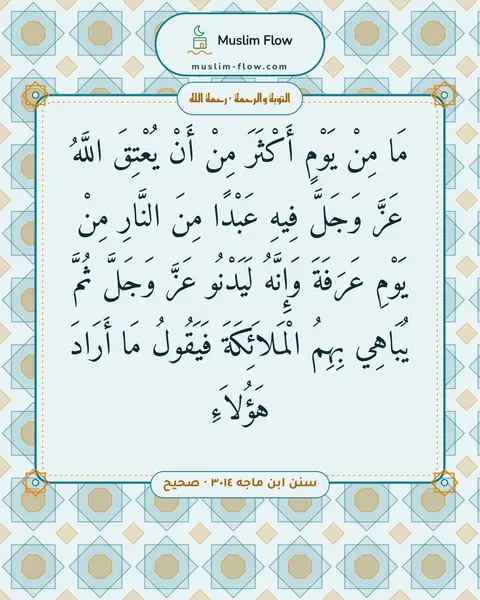 سنن ابن ماجه ٣٠١٤ · صحيح: مَا مِنْ يَوْمٍ أَكْثَرَ مِنْ أَنْ يُعْتِقَ اللَّهُ عَزَّ وَجَلَّ فِيهِ عَبْدًا مِنَ…