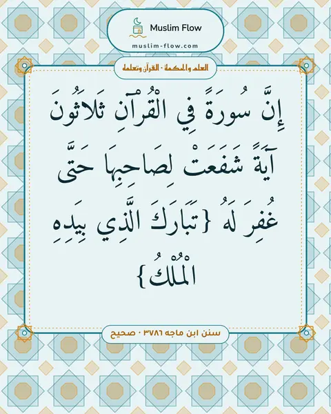 سنن ابن ماجه ٣٧٨٦ · صحيح: إِنَّ سُورَةً فِي الْقُرْآنِ ثَلاَثُونَ آيَةً شَفَعَتْ لِصَاحِبِهَا حَتَّى غُفِرَ لَهُ…