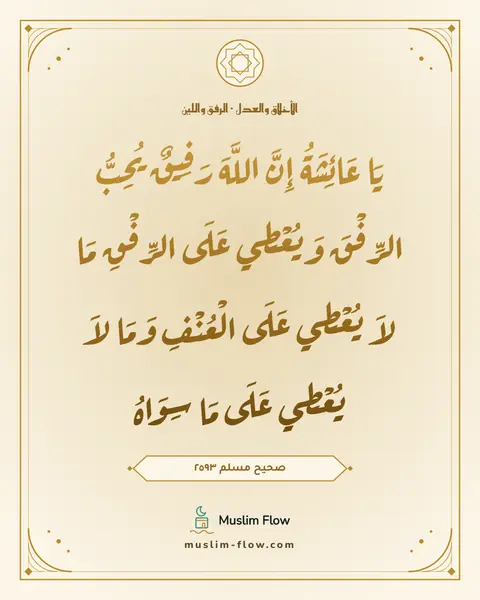 صحيح مسلم ٢٥٩٣: يَا عَائِشَةُ إِنَّ اللَّهَ رَفِيقٌ يُحِبُّ الرِّفْقَ وَيُعْطِي عَلَى الرِّفْقِ مَا لاَ…