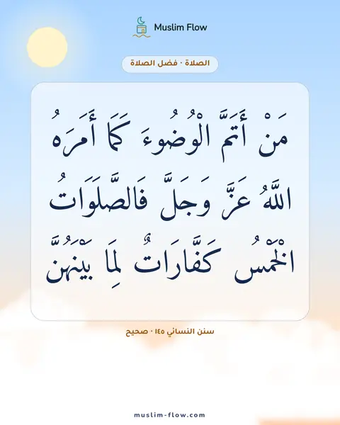 سنن النسائي ١٤٥ · صحيح: مَنْ أَتَمَّ الْوُضُوءَ كَمَا أَمَرَهُ اللَّهُ عَزَّ وَجَلَّ فَالصَّلَوَاتُ الْخَمْسُ…