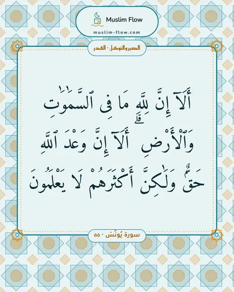 سورة يُونُسَ · ٥٥: أَلَآ إِنَّ لِلَّهِ مَا فِى ٱلسَّمَٰوَٰتِ وَٱلْأَرْضِ ۗ أَلَآ إِنَّ وَعْدَ ٱللَّهِ…