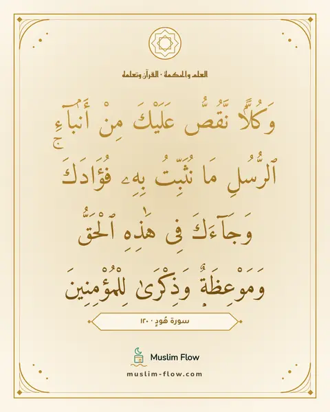 سورة هُودٍ · ١٢٠: وَكُلًّۭا نَّقُصُّ عَلَيْكَ مِنْ أَنۢبَآءِ ٱلرُّسُلِ مَا نُثَبِّتُ بِهِۦ فُؤَادَكَ ۚ…