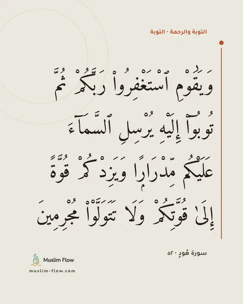 سورة هُودٍ · ٥٢: وَيَٰقَوْمِ ٱسْتَغْفِرُوا۟ رَبَّكُمْ ثُمَّ تُوبُوٓا۟ إِلَيْهِ يُرْسِلِ ٱلسَّمَآءَ…