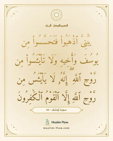 سورة يُوسُفَ · ٨٧: يَٰبَنِىَّ ٱذْهَبُوا۟ فَتَحَسَّسُوا۟ مِن يُوسُفَ وَأَخِيهِ وَلَا تَا۟يْـَٔسُوا۟ مِن…