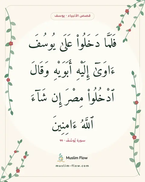سورة يُوسُفَ · ٩٩: فَلَمَّا دَخَلُوا۟ عَلَىٰ يُوسُفَ ءَاوَىٰٓ إِلَيْهِ أَبَوَيْهِ وَقَالَ ٱدْخُلُوا۟ مِصْرَ…