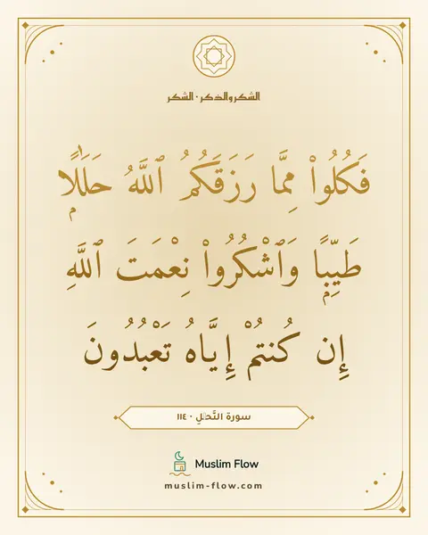 سورة النَّحۡلِ · ١١٤: فَكُلُوا۟ مِمَّا رَزَقَكُمُ ٱللَّهُ حَلَٰلًۭا طَيِّبًۭا وَٱشْكُرُوا۟ نِعْمَتَ ٱللَّهِ إِن…