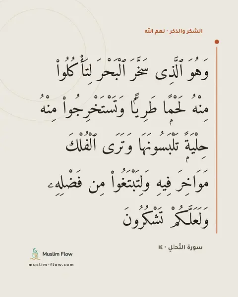 سورة النَّحۡلِ · ١٤: وَهُوَ ٱلَّذِى سَخَّرَ ٱلْبَحْرَ لِتَأْكُلُوا۟ مِنْهُ لَحْمًۭا طَرِيًّۭا…