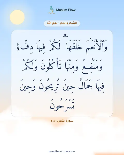 سورة النَّحۡلِ · ٥–٦: وَٱلْأَنْعَٰمَ خَلَقَهَا ۗ لَكُمْ فِيهَا دِفْءٌۭ وَمَنَٰفِعُ وَمِنْهَا تَأْكُلُونَ…