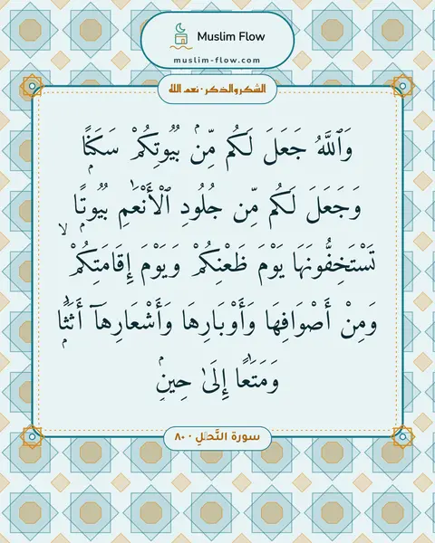 سورة النَّحۡلِ · ٨٠: وَٱللَّهُ جَعَلَ لَكُم مِّنۢ بُيُوتِكُمْ سَكَنًۭا وَجَعَلَ لَكُم مِّن جُلُودِ…