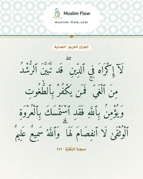 سورة البَقَرَةِ · ٢٥٦: لَآ إِكْرَاهَ فِى ٱلدِّينِ ۖ قَد تَّبَيَّنَ ٱلرُّشْدُ مِنَ ٱلْغَىِّ ۚ فَمَن يَكْفُرْ…