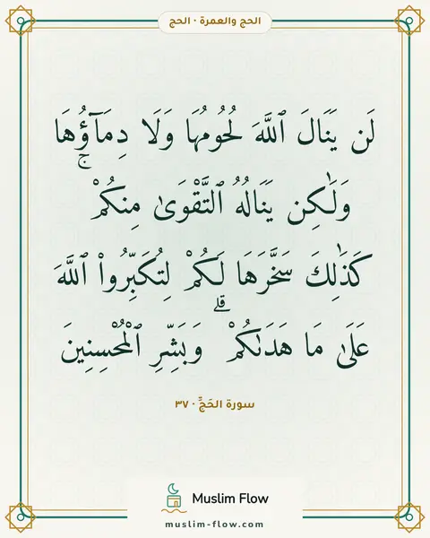 سورة الحَجِّ · ٣٧: لَن يَنَالَ ٱللَّهَ لُحُومُهَا وَلَا دِمَآؤُهَا وَلَٰكِن يَنَالُهُ ٱلتَّقْوَىٰ مِنكُمْ ۚ…