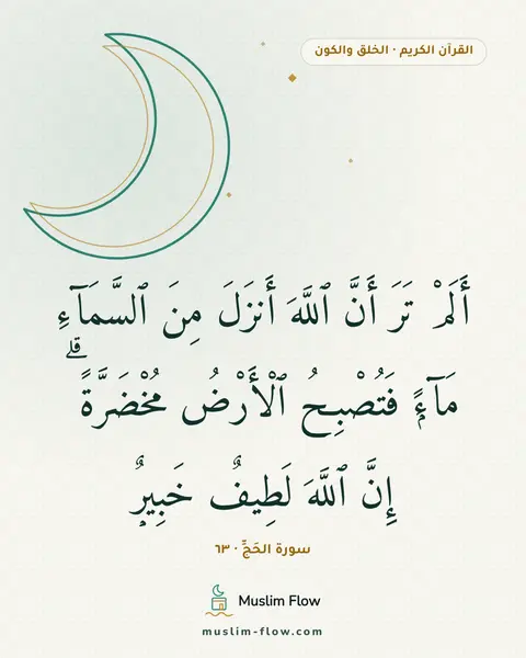 سورة الحَجِّ · ٦٣: أَلَمْ تَرَ أَنَّ ٱللَّهَ أَنزَلَ مِنَ ٱلسَّمَآءِ مَآءًۭ فَتُصْبِحُ ٱلْأَرْضُ…