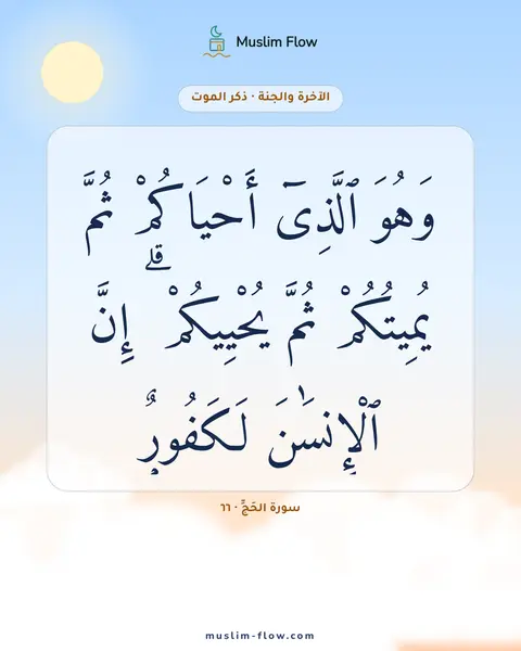 سورة الحَجِّ · ٦٦: وَهُوَ ٱلَّذِىٓ أَحْيَاكُمْ ثُمَّ يُمِيتُكُمْ ثُمَّ يُحْيِيكُمْ ۗ إِنَّ ٱلْإِنسَٰنَ…