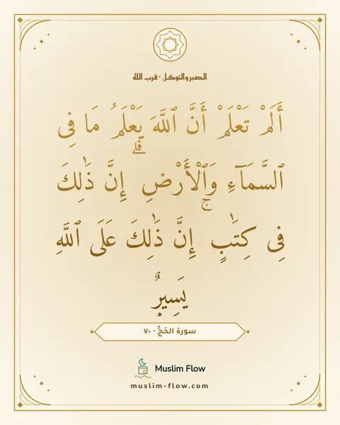 سورة الحَجِّ · ٧٠: أَلَمْ تَعْلَمْ أَنَّ ٱللَّهَ يَعْلَمُ مَا فِى ٱلسَّمَآءِ وَٱلْأَرْضِ ۗ إِنَّ ذَٰلِكَ…