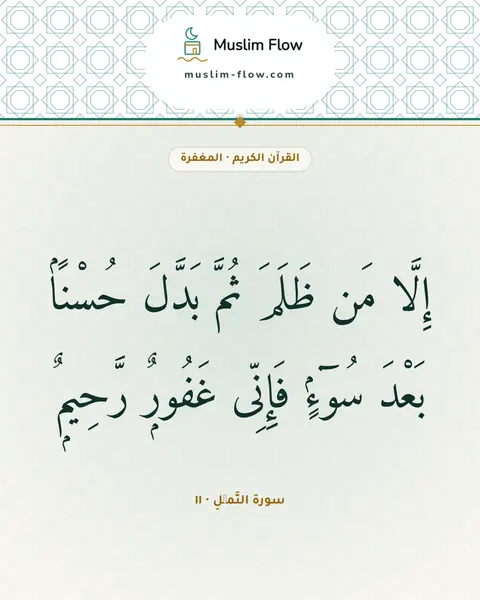 سورة النَّمۡلِ · ١١: إِلَّا مَن ظَلَمَ ثُمَّ بَدَّلَ حُسْنًۢا بَعْدَ سُوٓءٍۢ فَإِنِّى غَفُورٌۭ رَّحِيمٌۭ