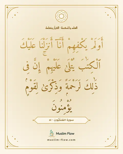 سورة العَنكَبُوتِ · ٥١: أَوَلَمْ يَكْفِهِمْ أَنَّآ أَنزَلْنَا عَلَيْكَ ٱلْكِتَٰبَ يُتْلَىٰ عَلَيْهِمْ ۚ إِنَّ…