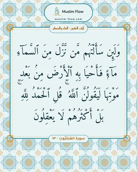 سورة العَنكَبُوتِ · ٦٣: وَلَئِن سَأَلْتَهُم مَّن نَّزَّلَ مِنَ ٱلسَّمَآءِ مَآءًۭ فَأَحْيَا بِهِ ٱلْأَرْضَ مِنۢ…