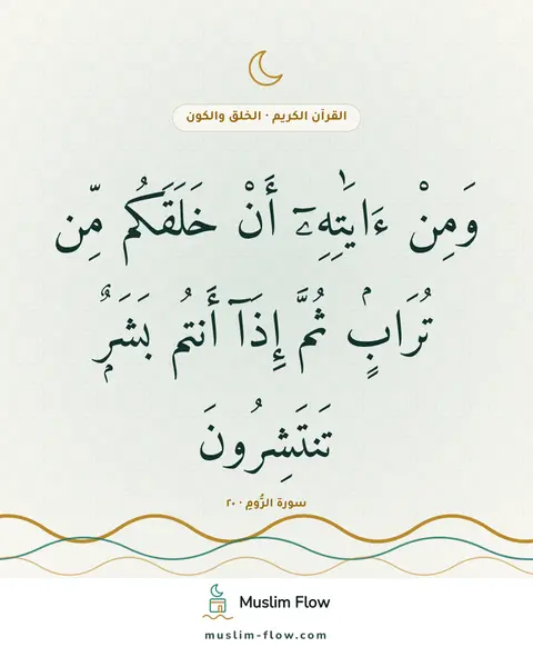 سورة الرُّومِ · ٢٠: وَمِنْ ءَايَٰتِهِۦٓ أَنْ خَلَقَكُم مِّن تُرَابٍۢ ثُمَّ إِذَآ أَنتُم بَشَرٌۭ تَنتَشِرُونَ