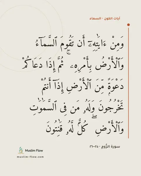 سورة الرُّومِ · ٢٥–٢٦: وَمِنْ ءَايَٰتِهِۦٓ أَن تَقُومَ ٱلسَّمَآءُ وَٱلْأَرْضُ بِأَمْرِهِۦ ۚ ثُمَّ إِذَا…