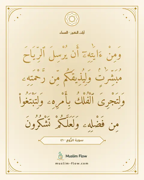 سورة الرُّومِ · ٤٦: وَمِنْ ءَايَٰتِهِۦٓ أَن يُرْسِلَ ٱلرِّيَاحَ مُبَشِّرَٰتٍۢ وَلِيُذِيقَكُم مِّن…