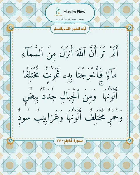 سورة فَاطِرٍ · ٢٧: أَلَمْ تَرَ أَنَّ ٱللَّهَ أَنزَلَ مِنَ ٱلسَّمَآءِ مَآءًۭ فَأَخْرَجْنَا بِهِۦ ثَمَرَٰتٍۢ…