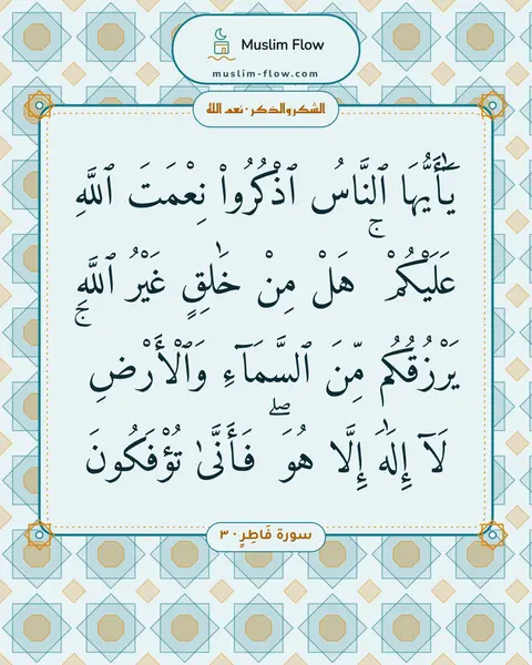سورة فَاطِرٍ · ٣: يَٰٓأَيُّهَا ٱلنَّاسُ ٱذْكُرُوا۟ نِعْمَتَ ٱللَّهِ عَلَيْكُمْ ۚ هَلْ مِنْ خَٰلِقٍ غَيْرُ…