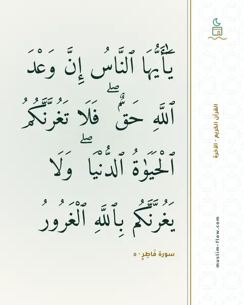 سورة فَاطِرٍ · ٥: يَٰٓأَيُّهَا ٱلنَّاسُ إِنَّ وَعْدَ ٱللَّهِ حَقٌّۭ ۖ فَلَا تَغُرَّنَّكُمُ ٱلْحَيَوٰةُ…