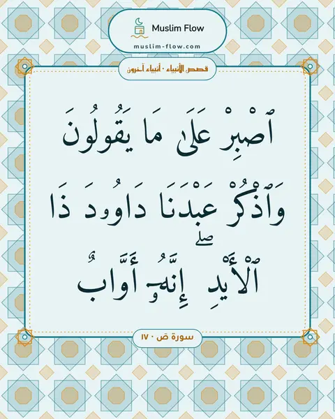 سورة صٓ · ١٧: ٱصْبِرْ عَلَىٰ مَا يَقُولُونَ وَٱذْكُرْ عَبْدَنَا دَاوُۥدَ ذَا ٱلْأَيْدِ ۖ إِنَّهُۥٓ…