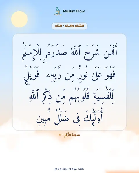 سورة الزُّمَرِ · ٢٢: أَفَمَن شَرَحَ ٱللَّهُ صَدْرَهُۥ لِلْإِسْلَٰمِ فَهُوَ عَلَىٰ نُورٍۢ مِّن رَّبِّهِۦ ۚ…
