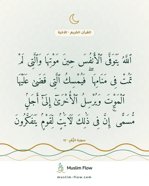 سورة الزُّمَرِ · ٤٢: ٱللَّهُ يَتَوَفَّى ٱلْأَنفُسَ حِينَ مَوْتِهَا وَٱلَّتِى لَمْ تَمُتْ فِى مَنَامِهَا ۖ…