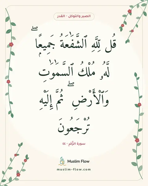 سورة الزُّمَرِ · ٤٤: قُل لِّلَّهِ ٱلشَّفَٰعَةُ جَمِيعًۭا ۖ لَّهُۥ مُلْكُ ٱلسَّمَٰوَٰتِ وَٱلْأَرْضِ ۖ ثُمَّ…