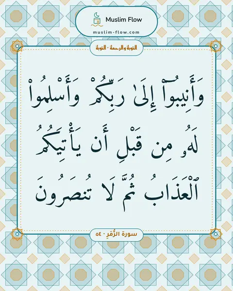 سورة الزُّمَرِ · ٥٤: وَأَنِيبُوٓا۟ إِلَىٰ رَبِّكُمْ وَأَسْلِمُوا۟ لَهُۥ مِن قَبْلِ أَن يَأْتِيَكُمُ ٱلْعَذَابُ…