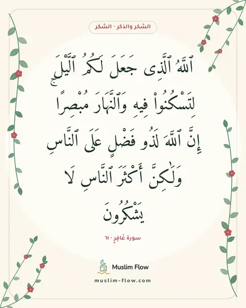 سورة غَافِرٍ · ٦١: ٱللَّهُ ٱلَّذِى جَعَلَ لَكُمُ ٱلَّيْلَ لِتَسْكُنُوا۟ فِيهِ وَٱلنَّهَارَ مُبْصِرًا ۚ إِنَّ…
