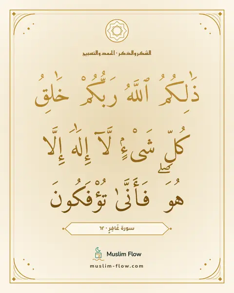 سورة غَافِرٍ · ٦٢: ذَٰلِكُمُ ٱللَّهُ رَبُّكُمْ خَٰلِقُ كُلِّ شَىْءٍۢ لَّآ إِلَٰهَ إِلَّا هُوَ ۖ فَأَنَّىٰ…