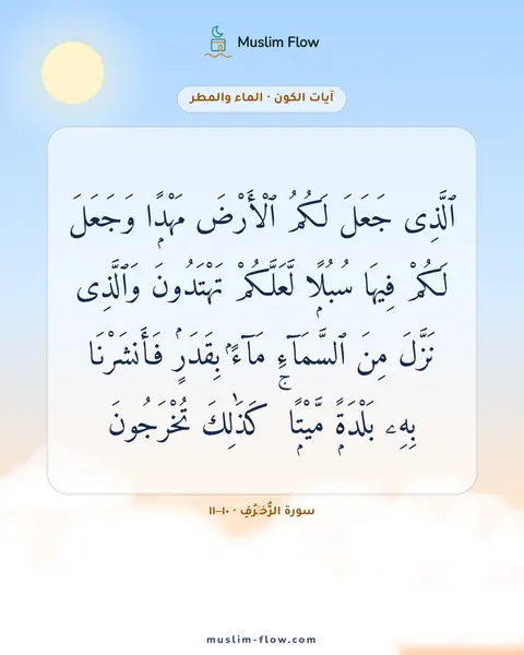 سورة الزُّخۡرُفِ · ١٠–١١: ٱلَّذِى جَعَلَ لَكُمُ ٱلْأَرْضَ مَهْدًۭا وَجَعَلَ لَكُمْ فِيهَا سُبُلًۭا لَّعَلَّكُمْ…