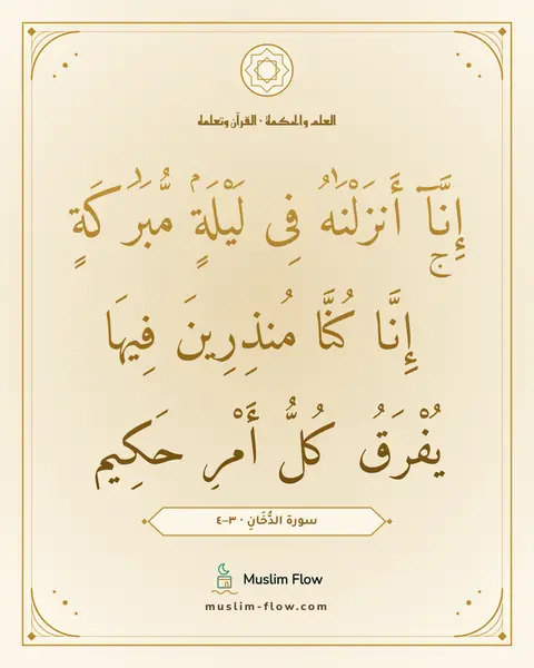 سورة الدُّخَانِ · ٣–٤: إِنَّآ أَنزَلْنَٰهُ فِى لَيْلَةٍۢ مُّبَٰرَكَةٍ ۚ إِنَّا كُنَّا مُنذِرِينَ فِيهَا…